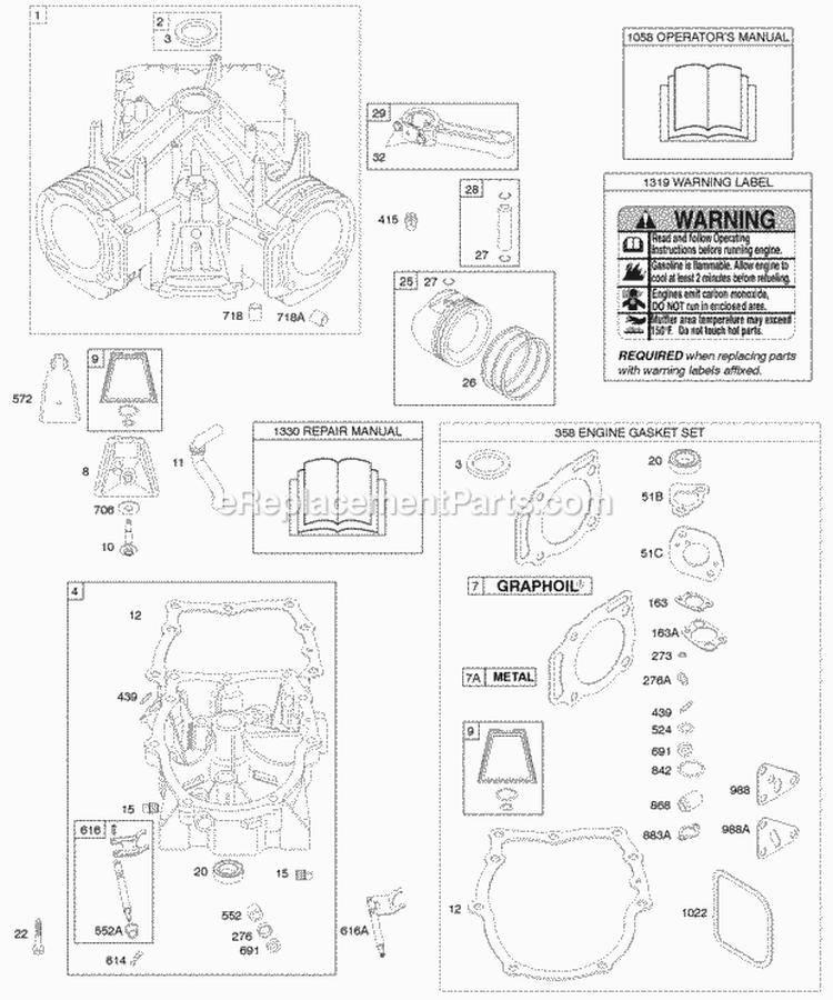 Cylinder Crankcase CoverSump Engine Gasket Set Piston Rings Connecting Rod Diagram and Parts List for 294772-0320-01  Briggs and Stratton Engine
